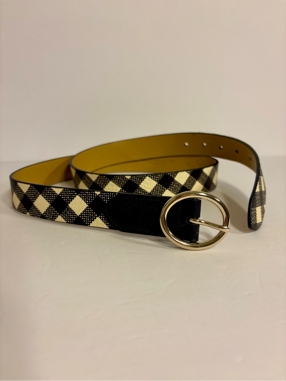 *NEW* Talbots Black & Cream Check Leather Round-Buckle Belt Classic Preppy Chic